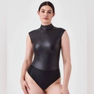 SPANX mock neck leather bodysuit in luxe black XL 1X tank sleeveless